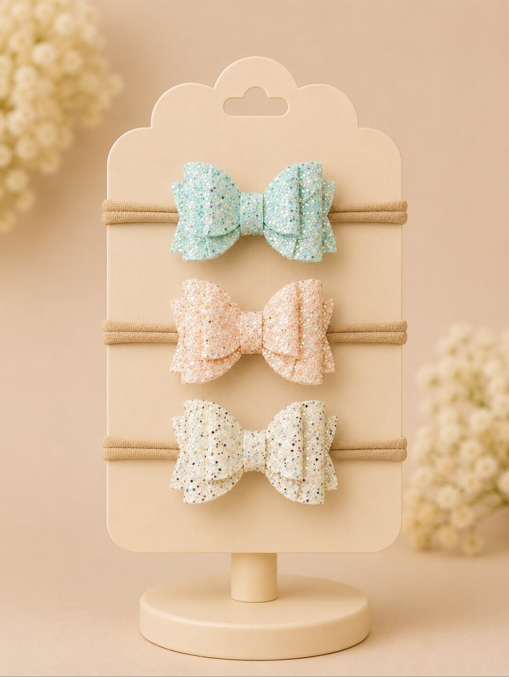 Handmade Baby Bow Headbands Set 3pc/Glitter Nylon Newborn Toddler Bows🎀✨
